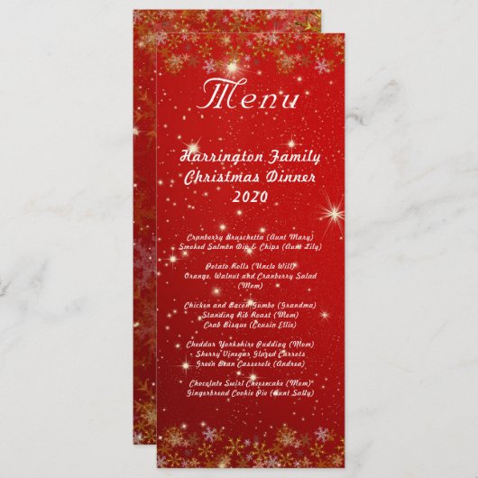 Gold Snowflakes Red Kerstmis menu (Voorkant / Achterkant)