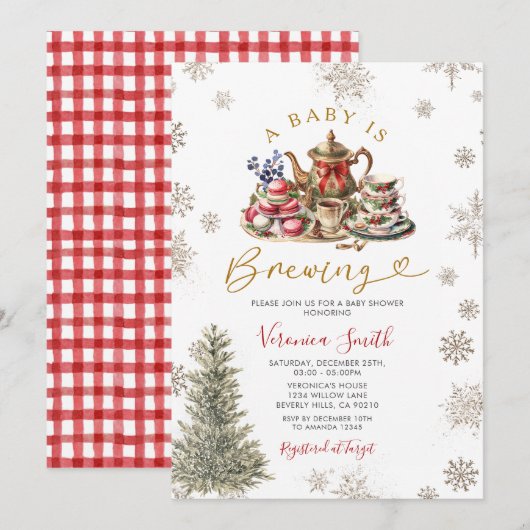 Gold Snowflakes Tea A Baby is Brewing Baby Shower Kaart (Voorkant / Achterkant)