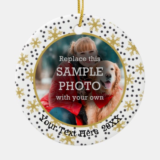 Gold Snowflakes, twee foto's, twee gesneden Keramisch Ornament (Voorkant)