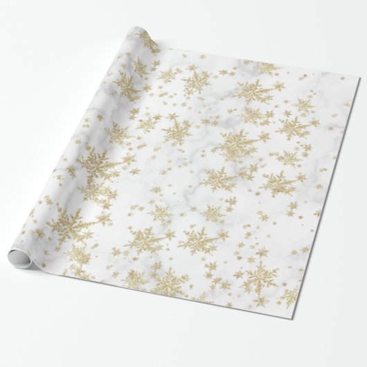 Gold Snowflakes White marble Wrapping Paper Cadeaupapier (Uitgerold)