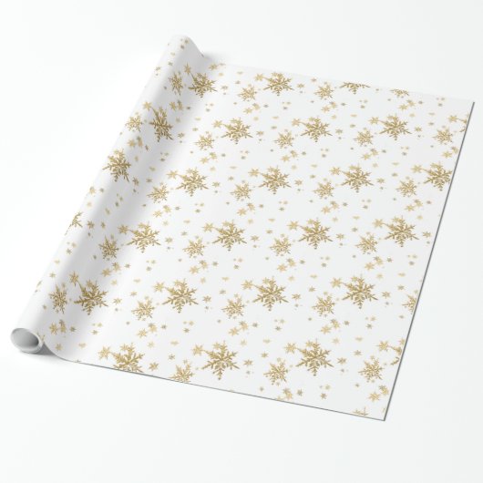 Gold Snowflakes White Wrapping Paper Cadeaupapier (Uitgerold)