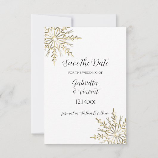 Gold Snowflakes Winter Wedding Save the Date (Voorkant)