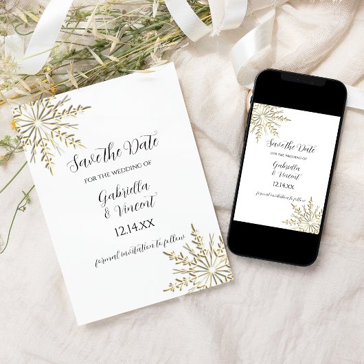 Gold Snowflakes Winter Wedding Save the Date