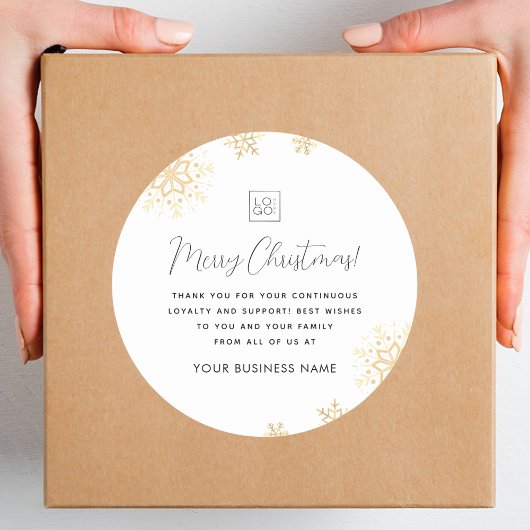Gold Snowflakes Xmas Custom Business Logo Company Ronde Sticker