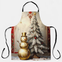 Gold Snowman Christmas Tree Holiday Apron