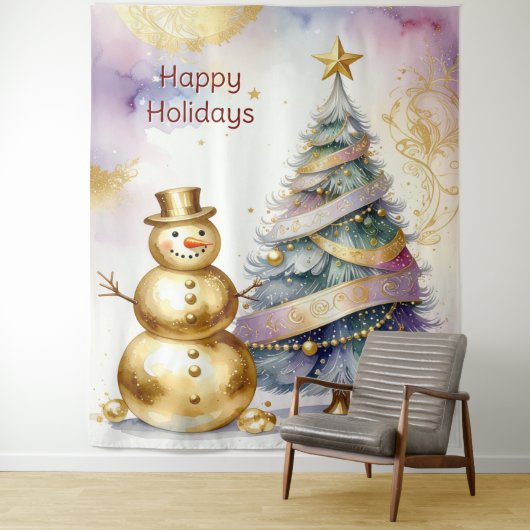 Gold Snowman Christmas Tree Holiday Backdrop Wandkleed (In situ)