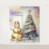 Gold Snowman Christmas Tree Holiday Backdrop Wandkleed (Voorkant)