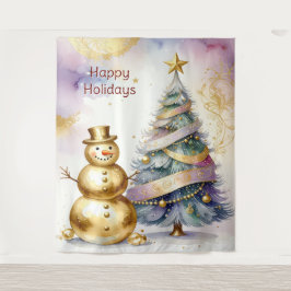 Gold Snowman Christmas Tree Holiday Backdrop Wandkleed