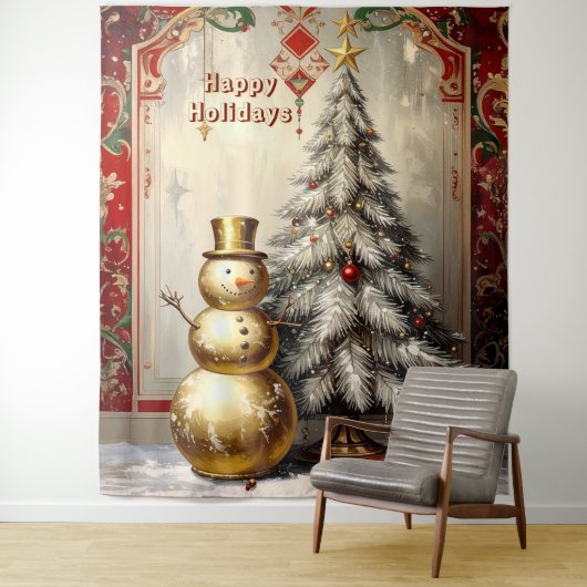 Gold Snowman Christmas Tree Holiday Backdrop Wandkleed (In situ)