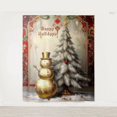 Gold Snowman Christmas Tree Holiday Backdrop Wandkleed (Voorkant)