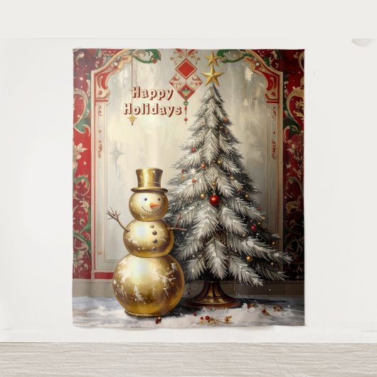 Gold Snowman Christmas Tree Holiday Backdrop Wandkleed (Voorkant)