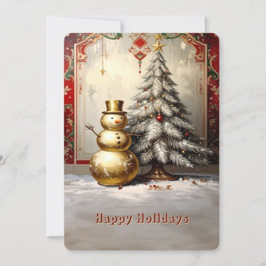 Gold Snowman Christmas Tree Holiday Card Feestdagenkaart (Voorkant)
