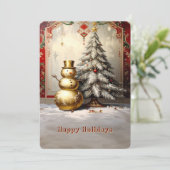 Gold Snowman Christmas Tree Holiday Card Feestdagenkaart (Staand voorkant)