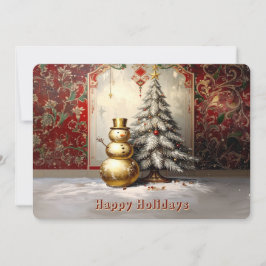Gold Snowman Christmas Tree Holiday Card Feestdagenkaart