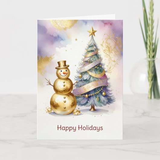 Gold Snowman Christmas Tree Holiday Card Kaart (Voorkant)