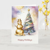 Gold Snowman Christmas Tree Holiday Card Kaart (Gele Bloem)