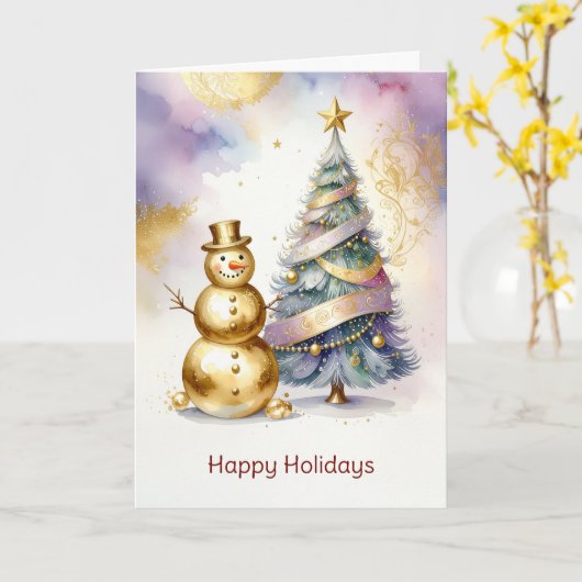 Gold Snowman Christmas Tree Holiday Card Kaart (Gele Bloem)