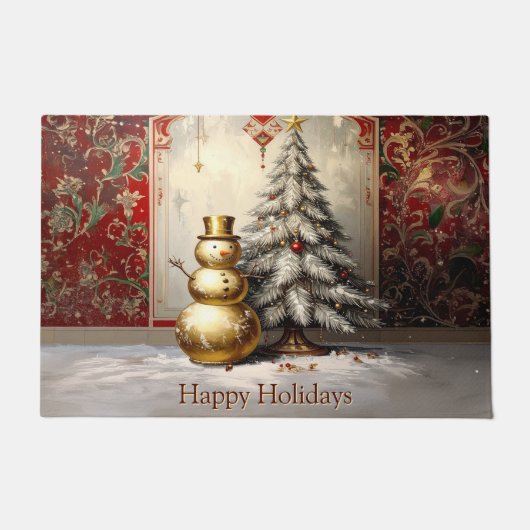 Gold Snowman Christmas Tree Holiday Doormat Deurmat (Voorkant)