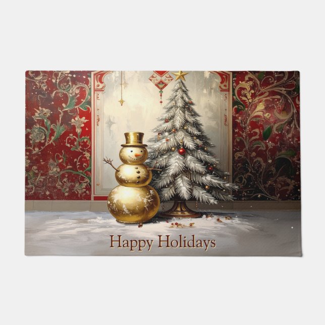 Gold Snowman Christmas Tree Holiday Doormat Deurmat (Voorkant)