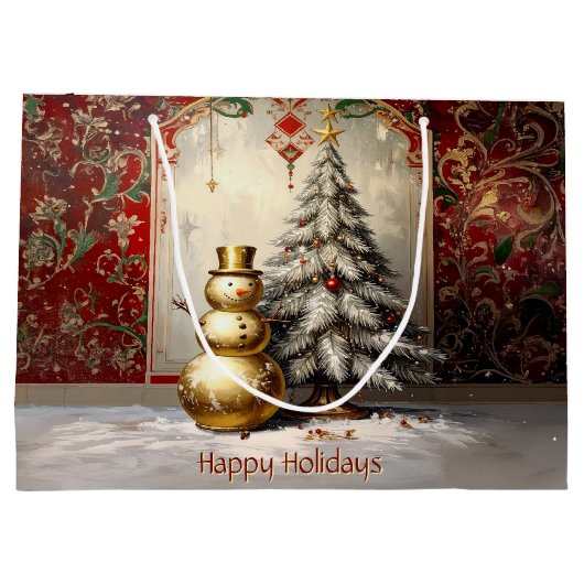 Gold Snowman Christmas Tree Holiday Gift Bag Groot Cadeauzakje (Achterkant)