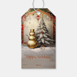 Gold Snowman Christmas Tree Holiday Gift Tag Cadeaulabel