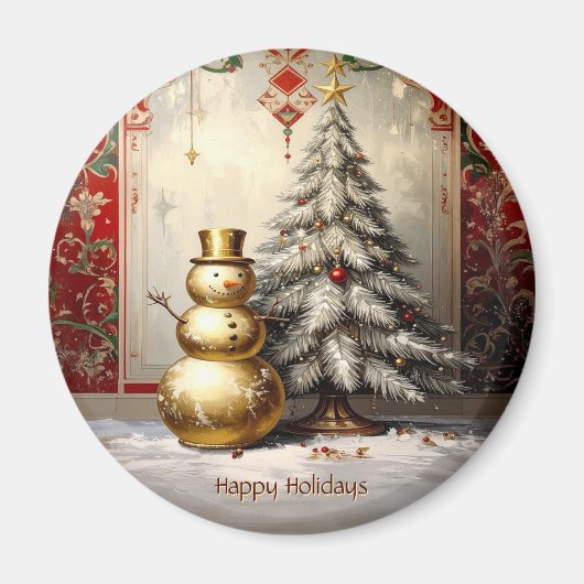 Gold Snowman Christmas Tree Holiday Magnet (Voorkant)