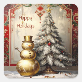 Gold Snowman Christmas Tree Holiday Sticker