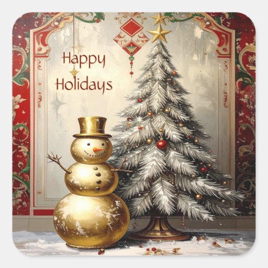 Gold Snowman Christmas Tree Holiday Sticker (Voorkant)