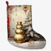Gold Snowman Christmas Tree Holiday Stocking Grote Kerstsok (Voorkant)