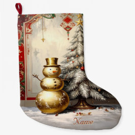 Gold Snowman Christmas Tree Holiday Stocking Grote Kerstsok