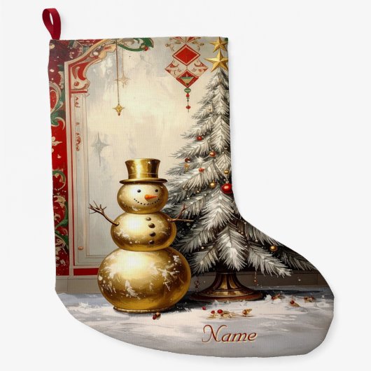 Gold Snowman Christmas Tree Holiday Stocking Grote Kerstsok (Voorkant)