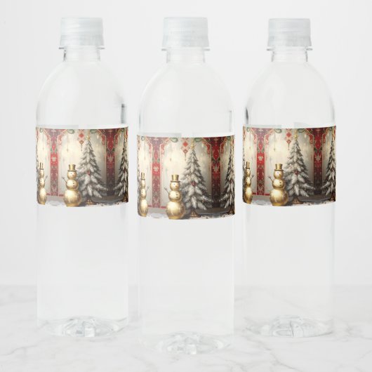 Gold Snowman Christmas Tree Water Bottle Label Waterfles Etiket (Flessen)