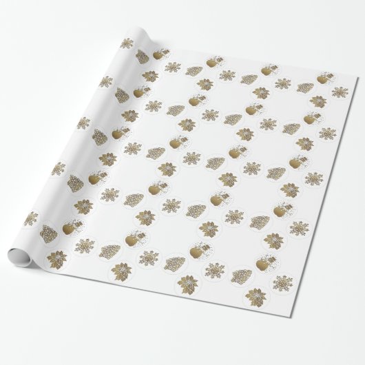 Gold Snowman, Sneeuwvlok, Boom en Poinsetta Cadeaupapier (Uitgerold)