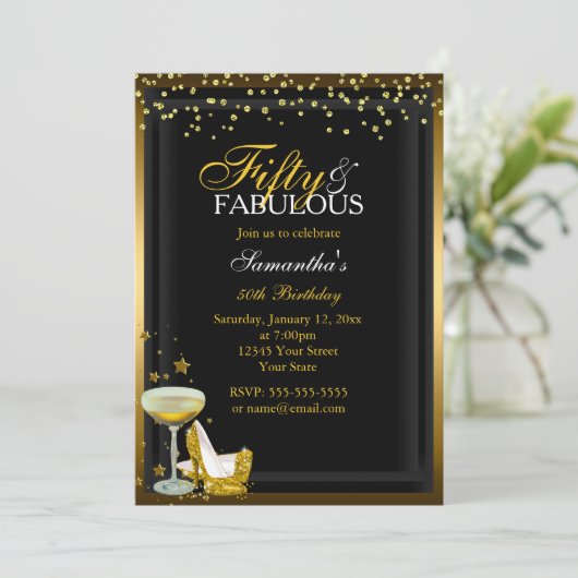 Gold Sparkle 50 Fabulous Birthday Invitation Kaart (Staand voorkant)