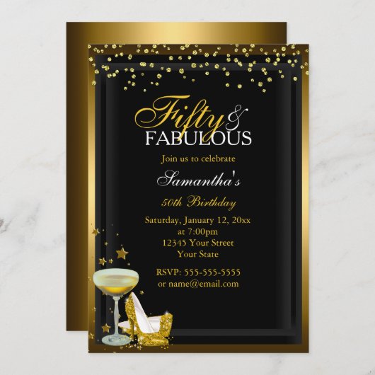 Gold Sparkle 50 Fabulous Birthday Invitation Kaart (Voorkant / Achterkant)