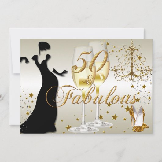 Gold Sparkle 50 & Fabulous Birthday Invitation Kaart (Voorkant)