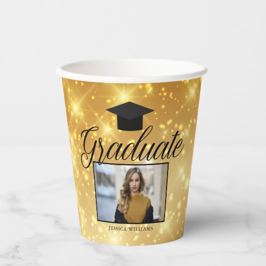 Gold Sparkle-Afstuderen Foto Chic Custom Party Papieren Bekers (Voorkant)