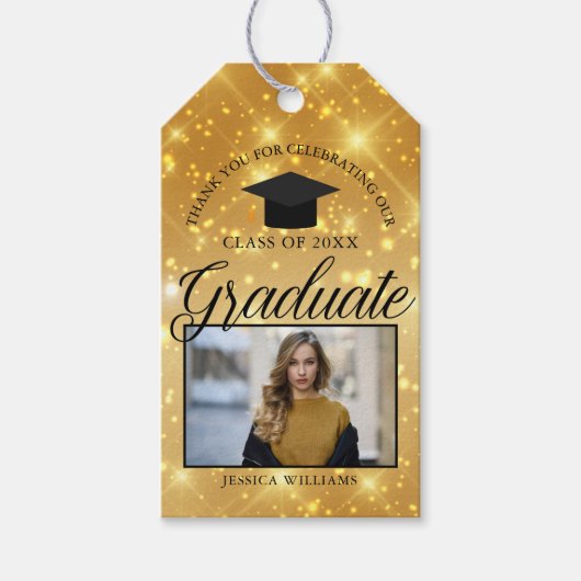 Gold Sparkle Afstuderen Foto Graduy Graduparty Cadeaulabel (Voorkant)