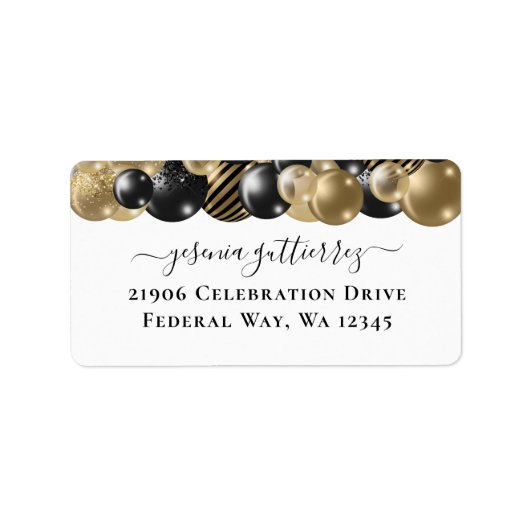 Gold Sparkle Black Quinceanera-ballon Return Labs Etiket (Voorkant)