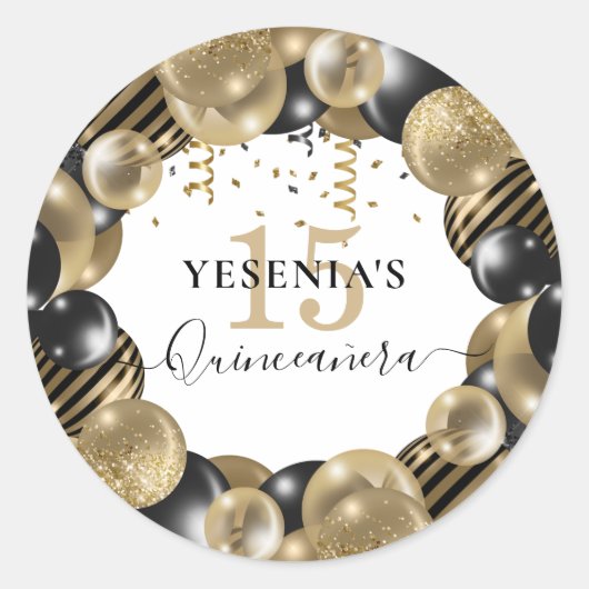 Gold Sparkle Black Quinceanera-ballon Ronde Sticker (Voorkant)