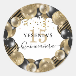 Gold Sparkle Black Quinceanera-ballon Ronde Sticker