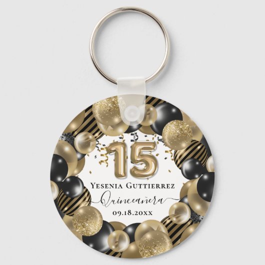 Gold Sparkle Black Quinceanera-ballon Sleutelhanger (Voorkant)
