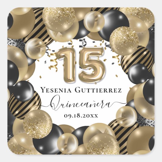 Gold Sparkle Black Quinceanera-ballon Vierkante Sticker (Voorkant)