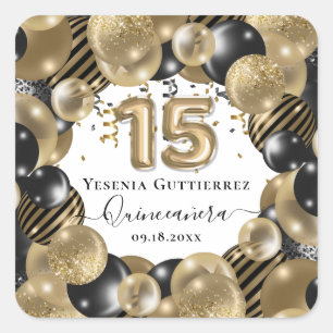 Gold Sparkle Black Quinceanera-ballon Vierkante Sticker