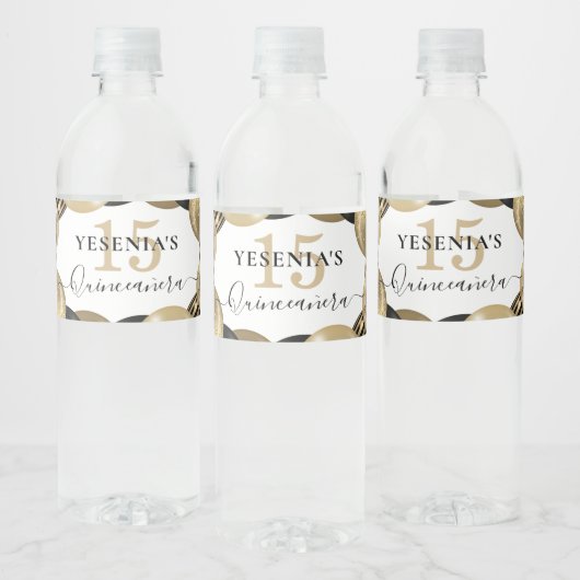 Gold Sparkle Black Quinceanera-ballon Waterfles Etiket (Flessen)