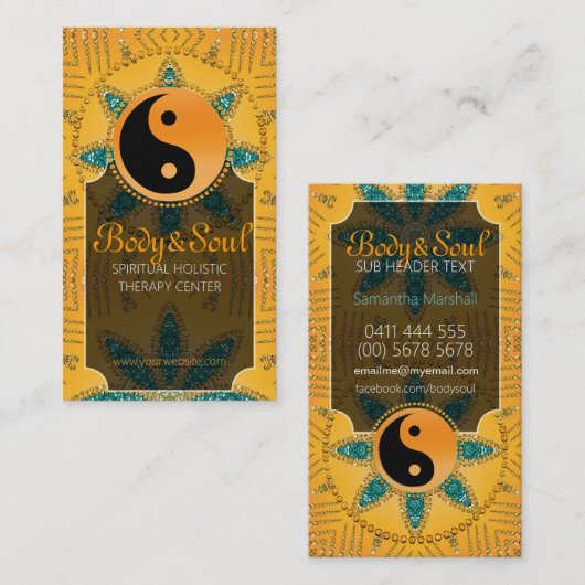 Gold Sparkle Blauwgroen Sinaasappel YinYang Visite Visitekaartje (Voorkant / Achterkant)