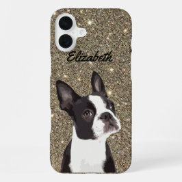 Gold Sparkle Boston Terrier Naam Hond iPhone 16 Plus Hoesje