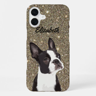 Gold Sparkle Boston Terrier Naam Hond iPhone 16 Plus Hoesje