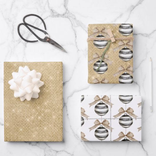 Gold Sparkle Christmas Black Stripes Ornament Bow Inpakpapier Vel (Voorkant)