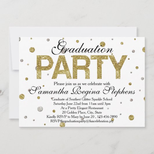 Gold Sparkle-Confetti Graduation Party Kaart (Voorkant)